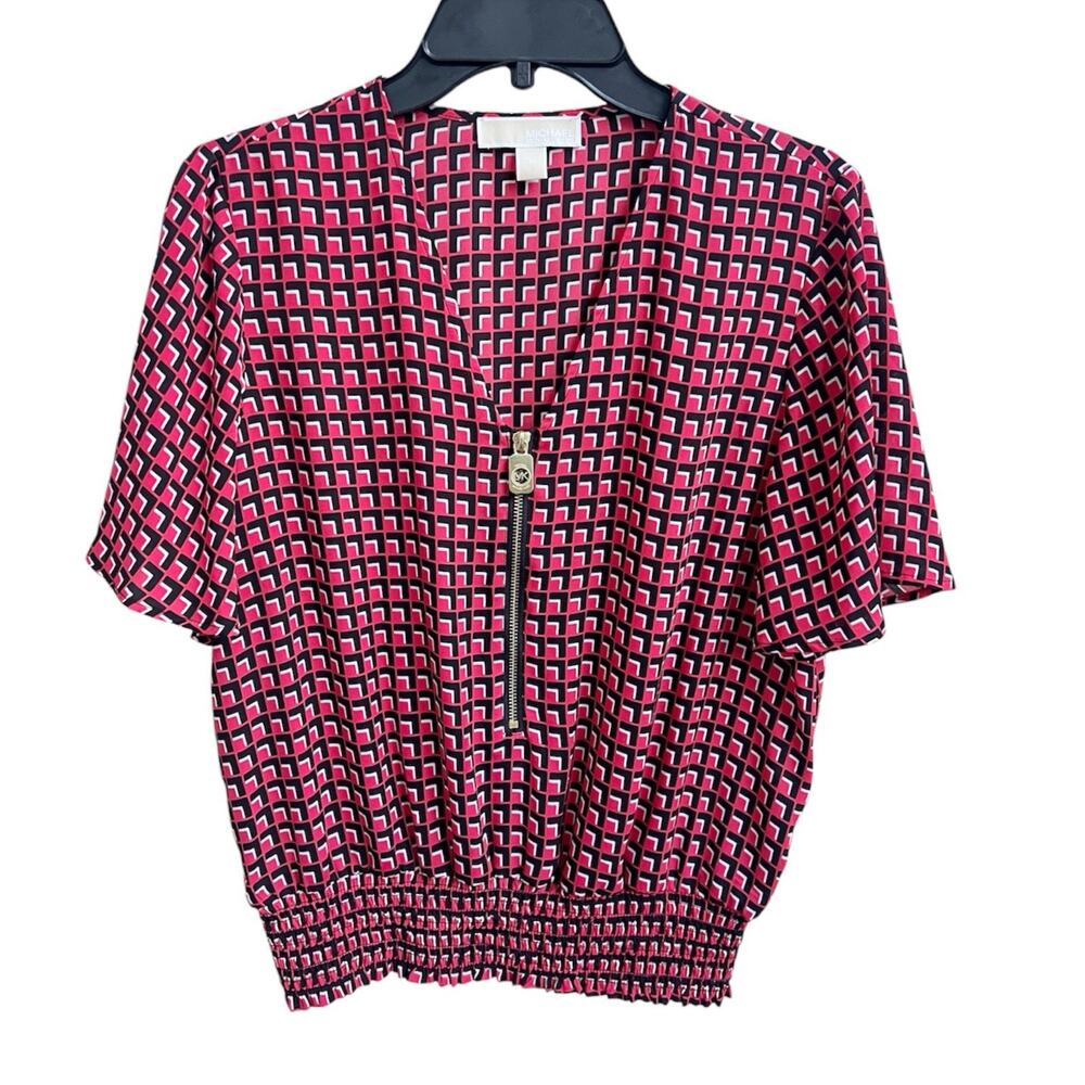 Michael Kors Women's Blouse Geometric Short Sleeves V-Neck Top Sz M Zipper